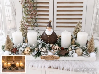 Adventní svícen - na bílém dřevěném základě - s vánoční figurkou - bílé svíčky - led světýlky